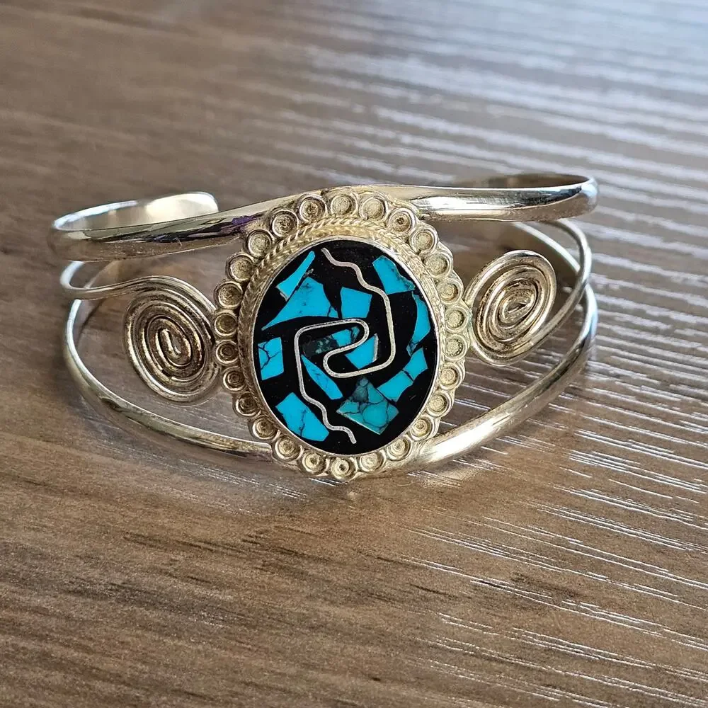Vintage Alpaca Silver & Turquoise Inlay Swirling Cuff Bracelet from Mexico